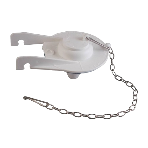 White plastic toilet tank flapper with metal chain compatible with Kohler and Sterling plumbing fixtures for home improvement