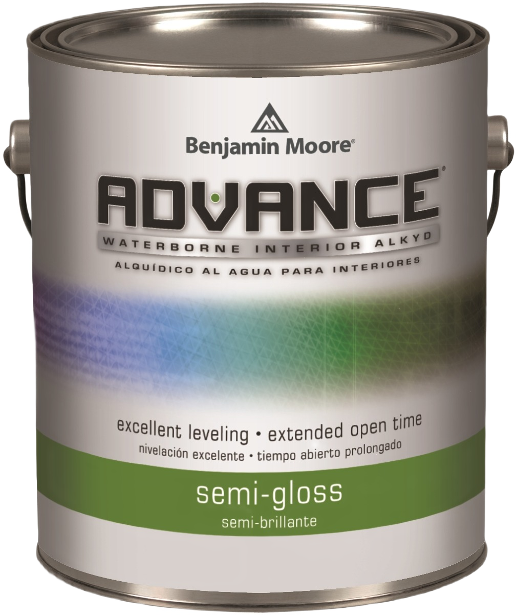 Quart can of Benjamin Moore Advance semi-gloss waterborne interior alkyd paint for home improvement tasks