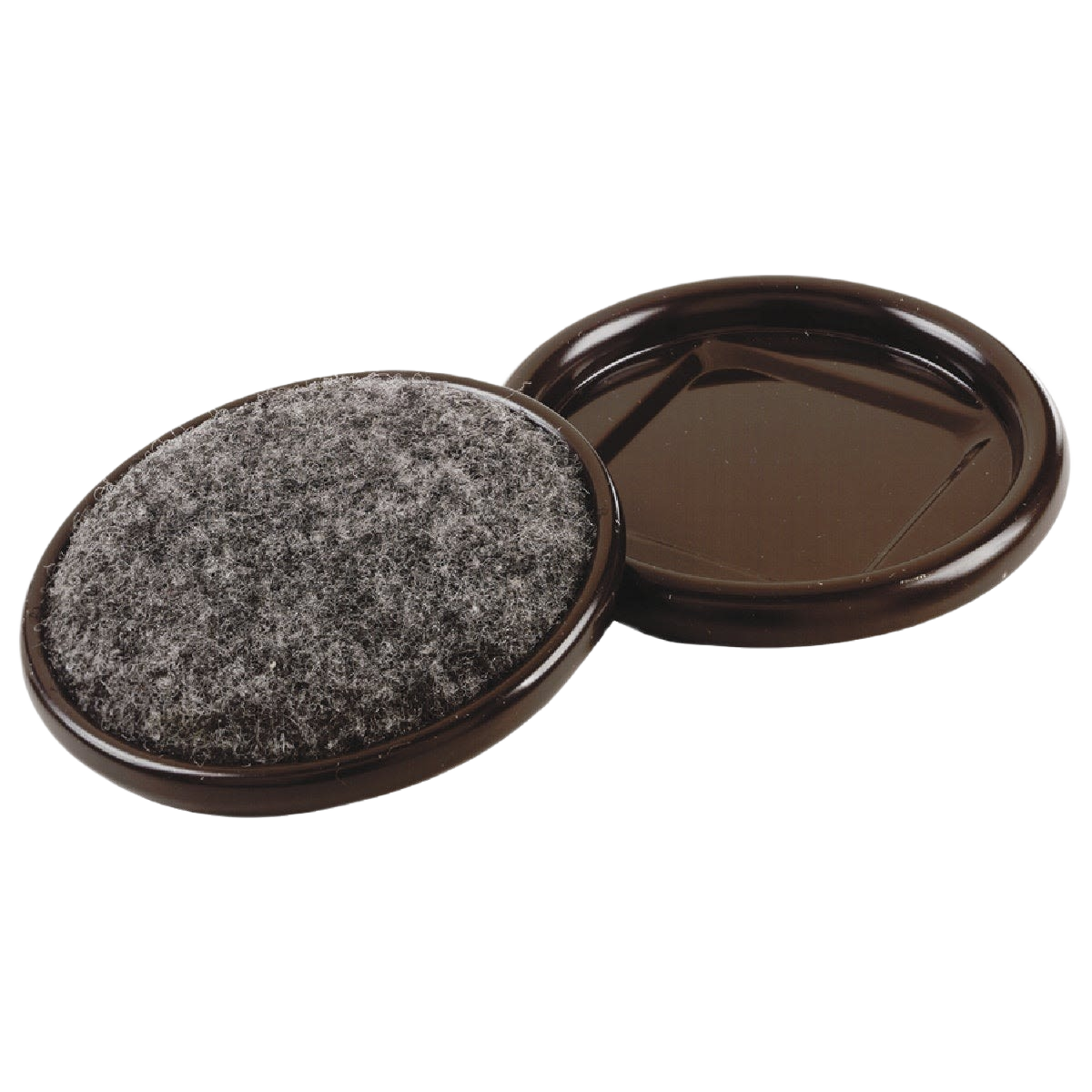 Round brown plastic furniture leg cup with felt bottom protector for floor surface protection in home improvement projects