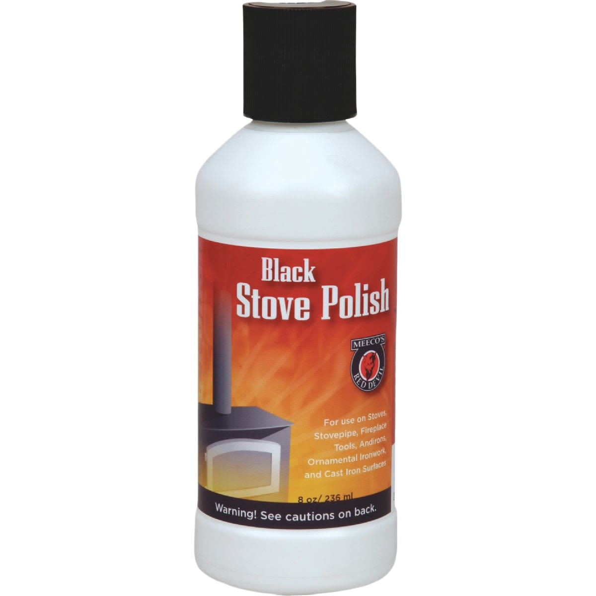 Plastic bottle of black stove polish with red label featuring a wood stove graphic for home improvement use