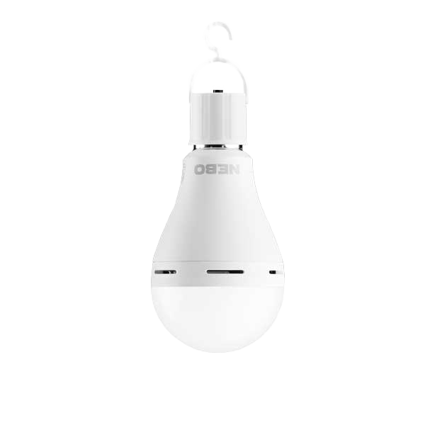 White emergency light bulb with hanging hook and ventilation slots for home improvement and backup lighting use