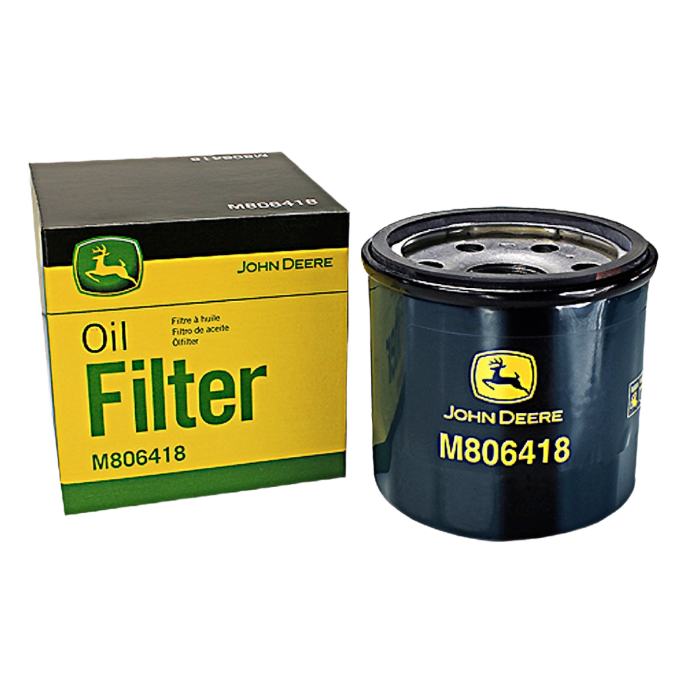 John Deere M806418 engine oil filter with branded black and yellow packaging for automotive and mechanic tool collections