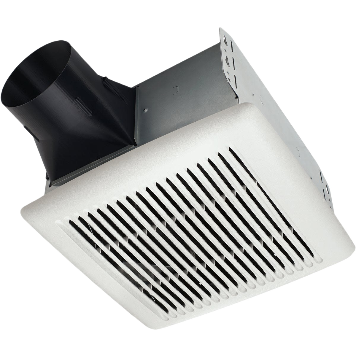 White ceiling-mounted bath exhaust fan with black duct connection for home improvement ventilation tasks