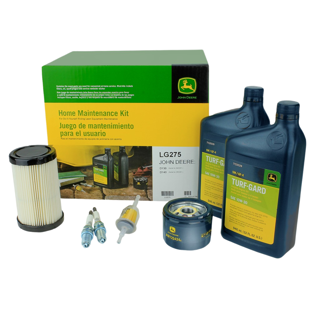 John Deere home maintenance kit with oil, filters, spark plugs, and fuel filter for tools and home improvement tasks