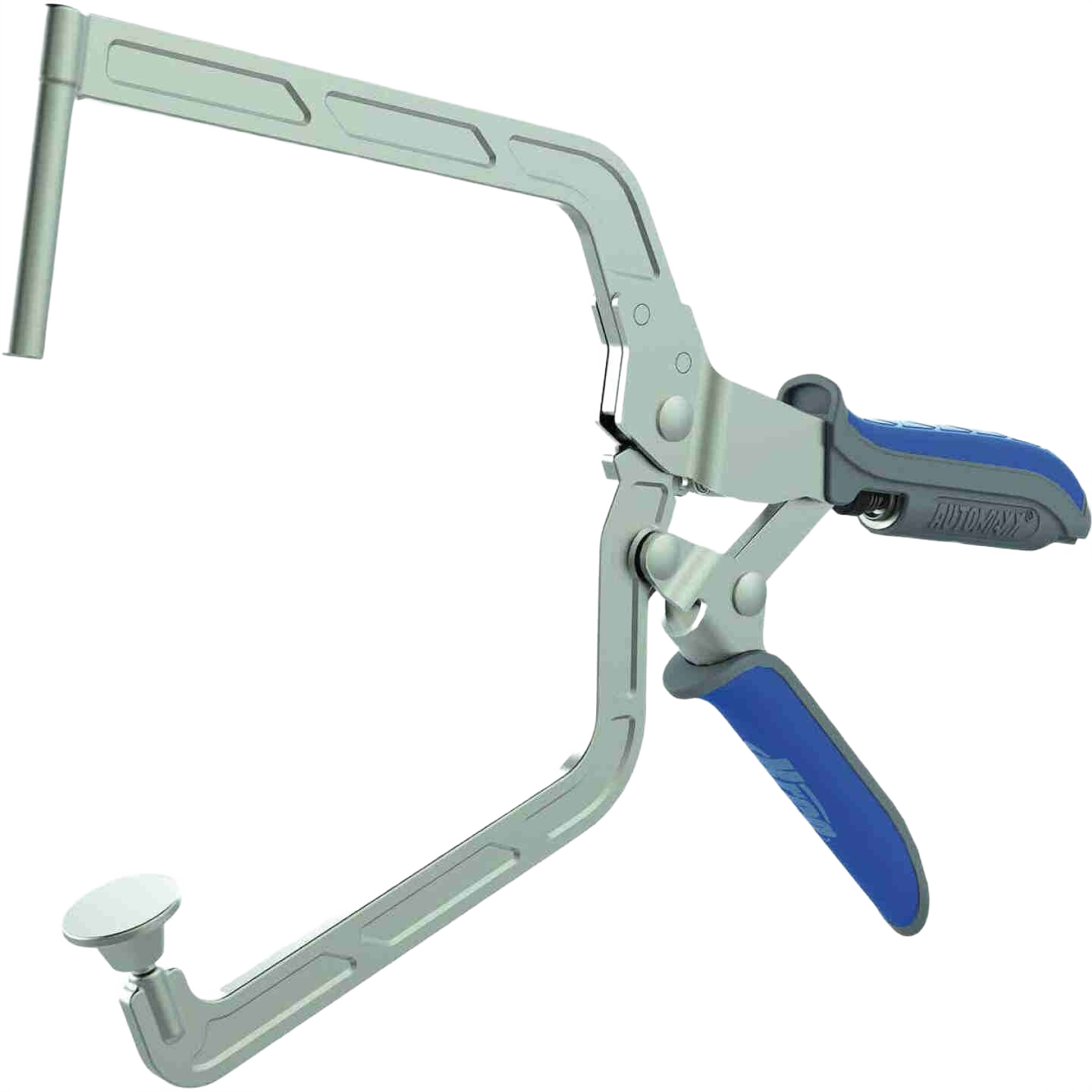 Right angle clamp with blue grips and metal frame for precise tool use in home improvement projects