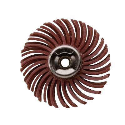 Circular abrasive detail brush with flexible brown abrasive pads and metal center for precision tool use in home improvement