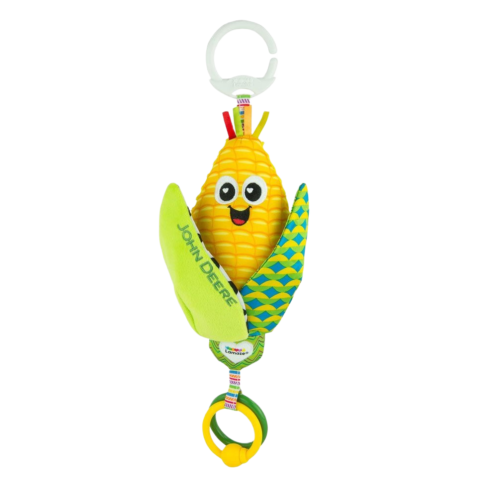 Colorful soft corn shaped sensory toy with textured leaves and smiling face for baby motor skill play and exploration