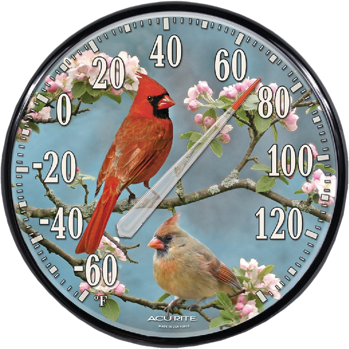 Round outdoor wall thermometer featuring colorful northern cardinals on blooming branches for home use