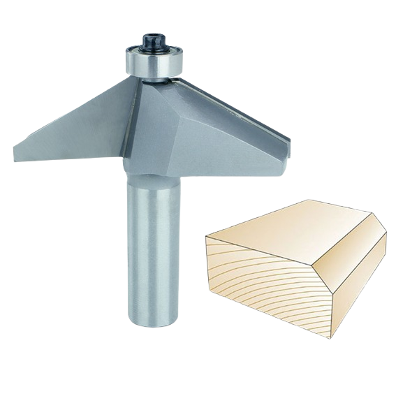 Carbide-tipped chamfer router bit with bearing for clean bevel edges in woodworking tool accessories collection