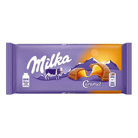 Milka chocolate bar with caramel filling in purple packaging for chocolates and candies collection under $25