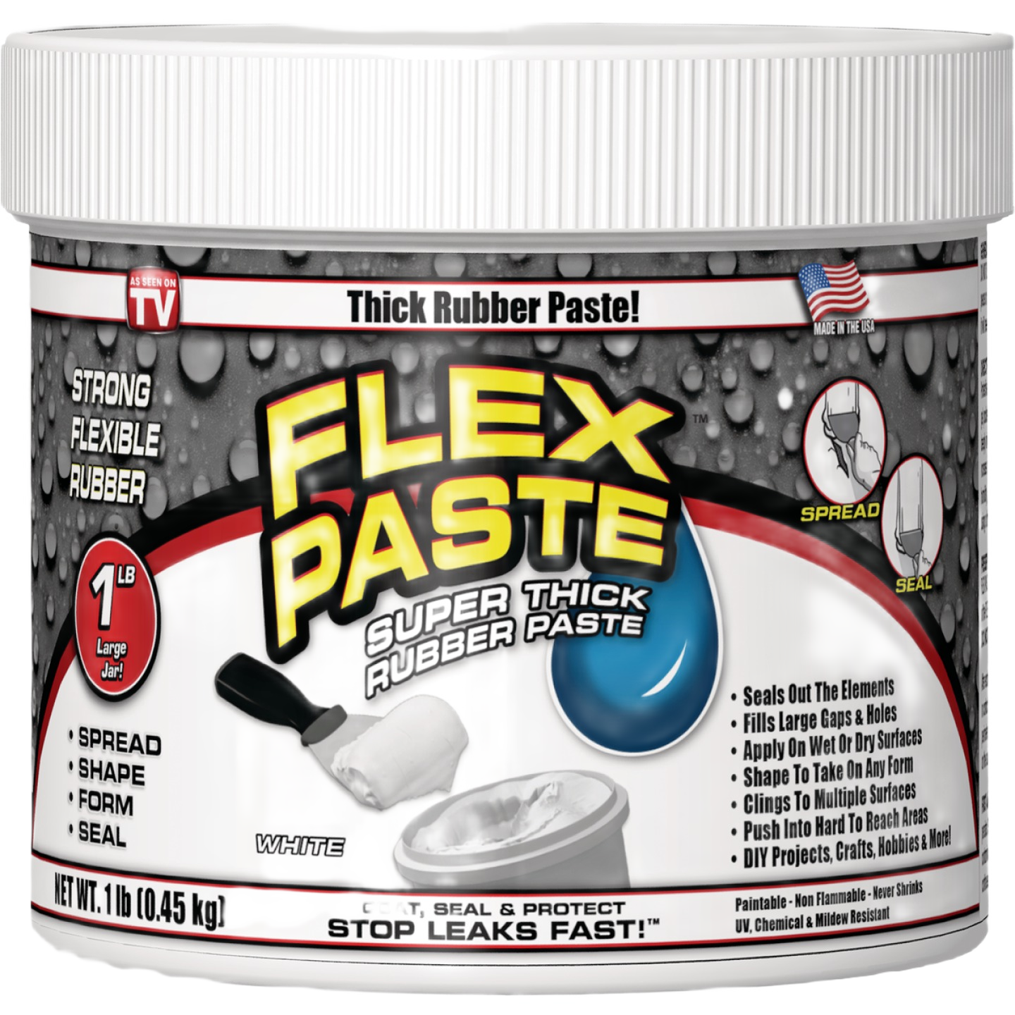 1 lb container of thick white rubber paste sealant for home improvement and multipurpose sealing and repairs