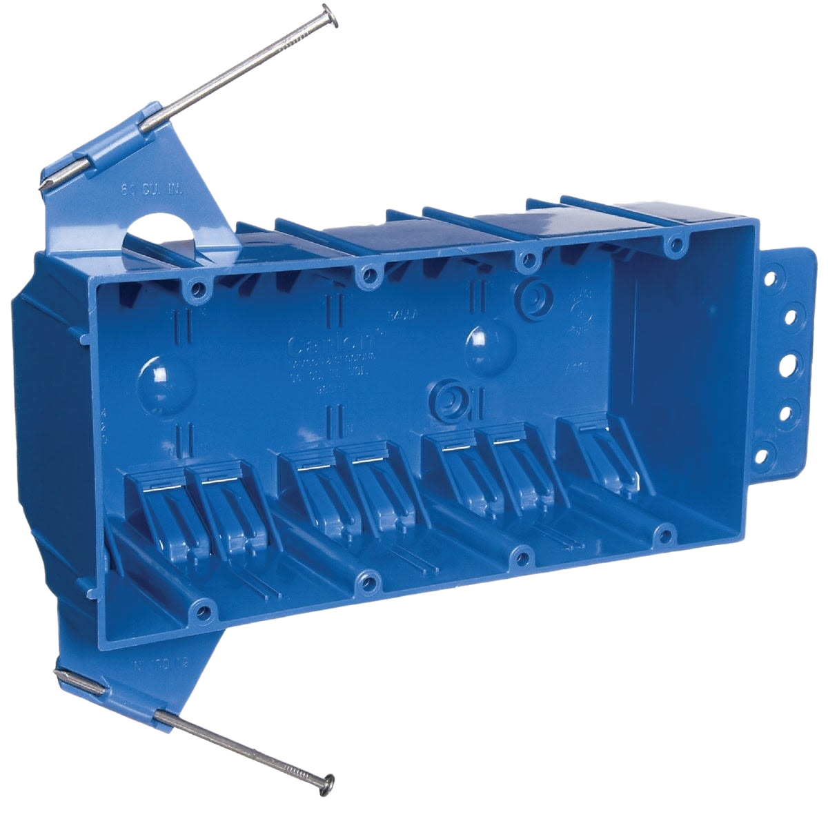 Blue 4-gang PVC nail-on electrical switch box with mounting brackets in electrical and home improvement collections under $50