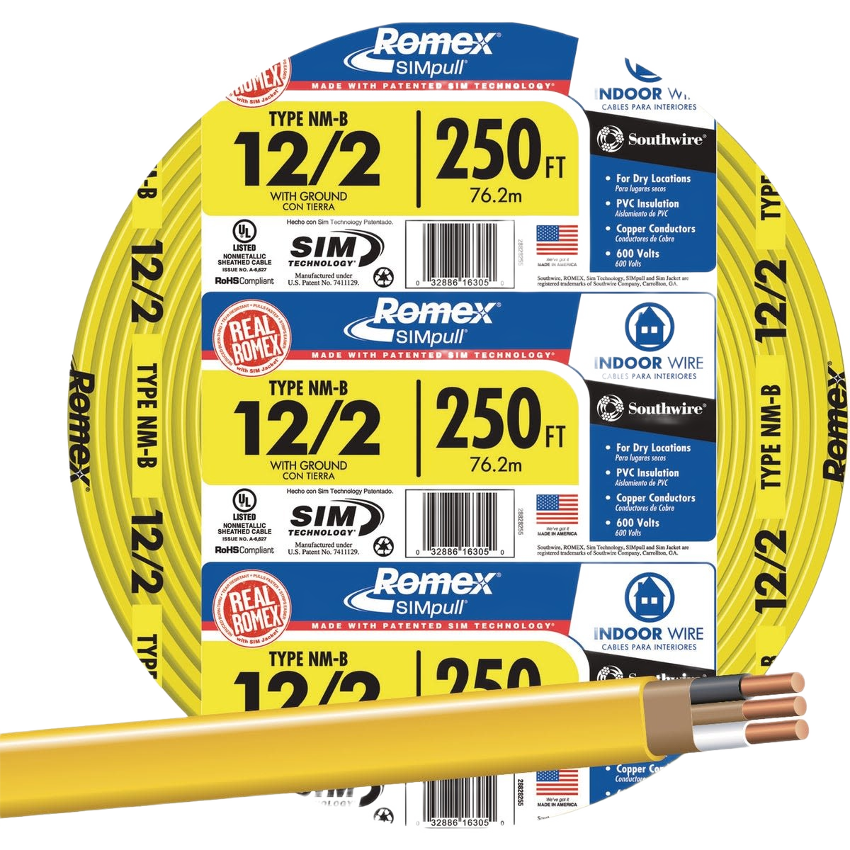 Yellow 250-foot electrical wire coil labeled Type NM-B 12/2 with ground, suitable for indoor home improvement use