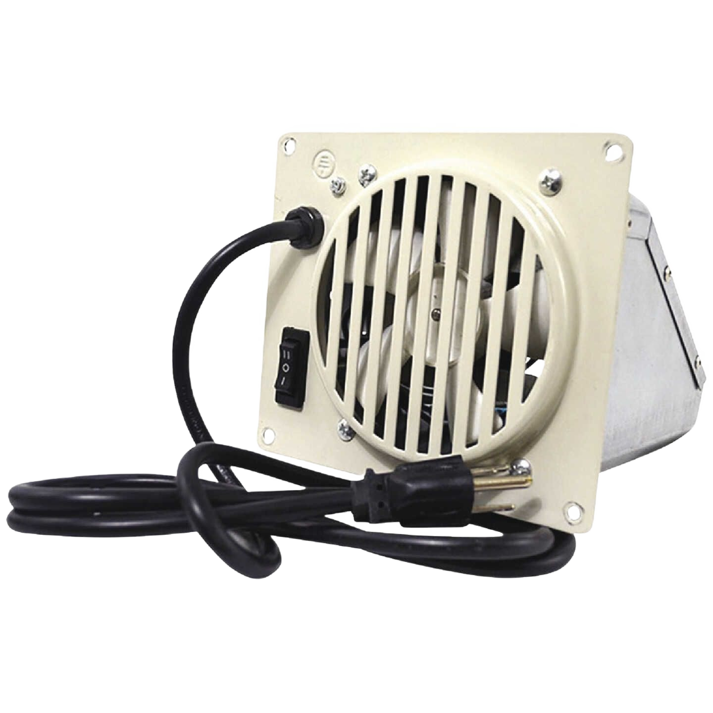 Compact vent free wall heater blower fan kit with metal housing, power cord, and on/off switch for home improvement use