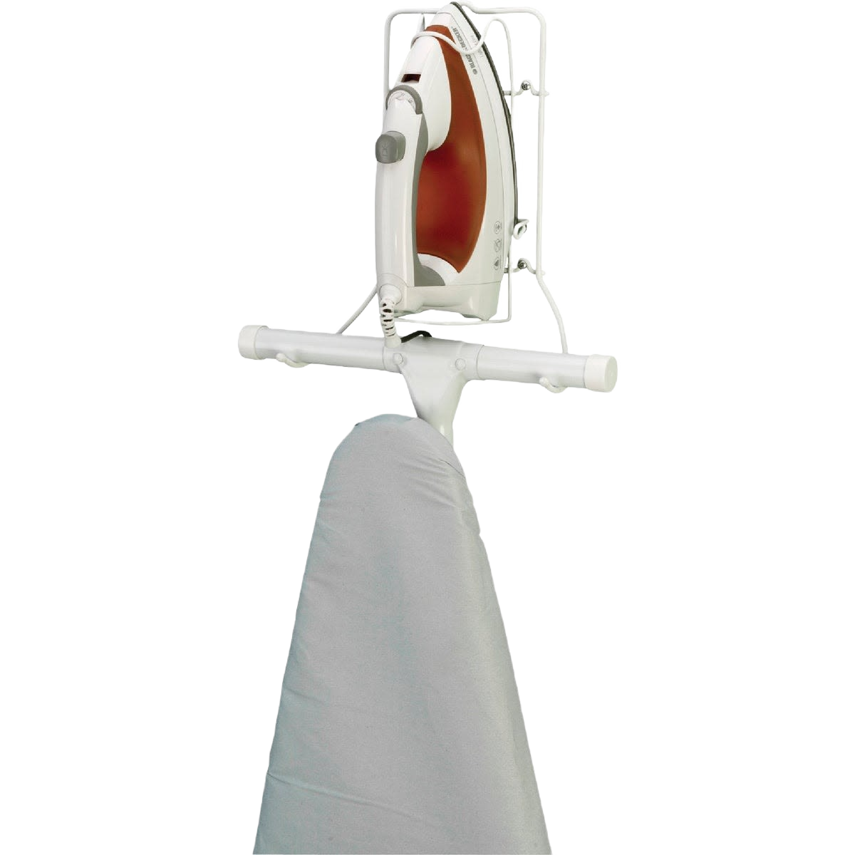 White wire ironing board holder with lock securing an iron in laundry storage and household organization collection