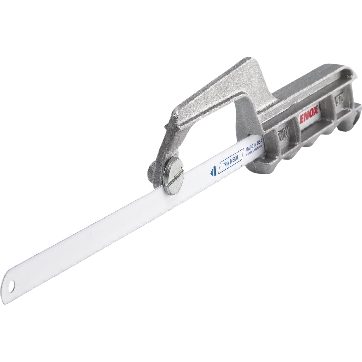 Compact metal mini hacksaw with white blade for precision cutting in tools and home improvement projects