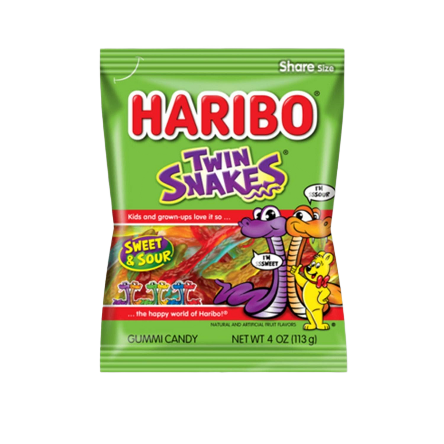 Bright green packet of Haribo gummy candy featuring twin snake characters and sweet and sour fruit flavors under $50 collection