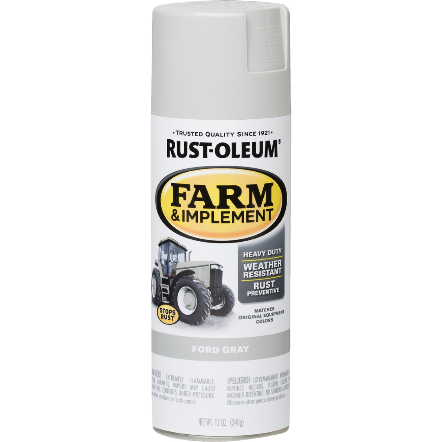 Can of heavy-duty Rust-Oleum Farm & Implement gray spray paint for rust prevention in home improvement collections