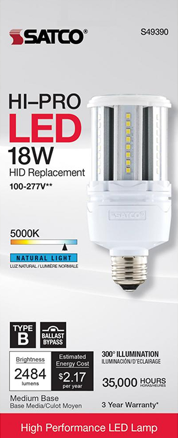 White LED corncob replacement bulb with 18 watts, natural light, and medium base for lighting and electrical use