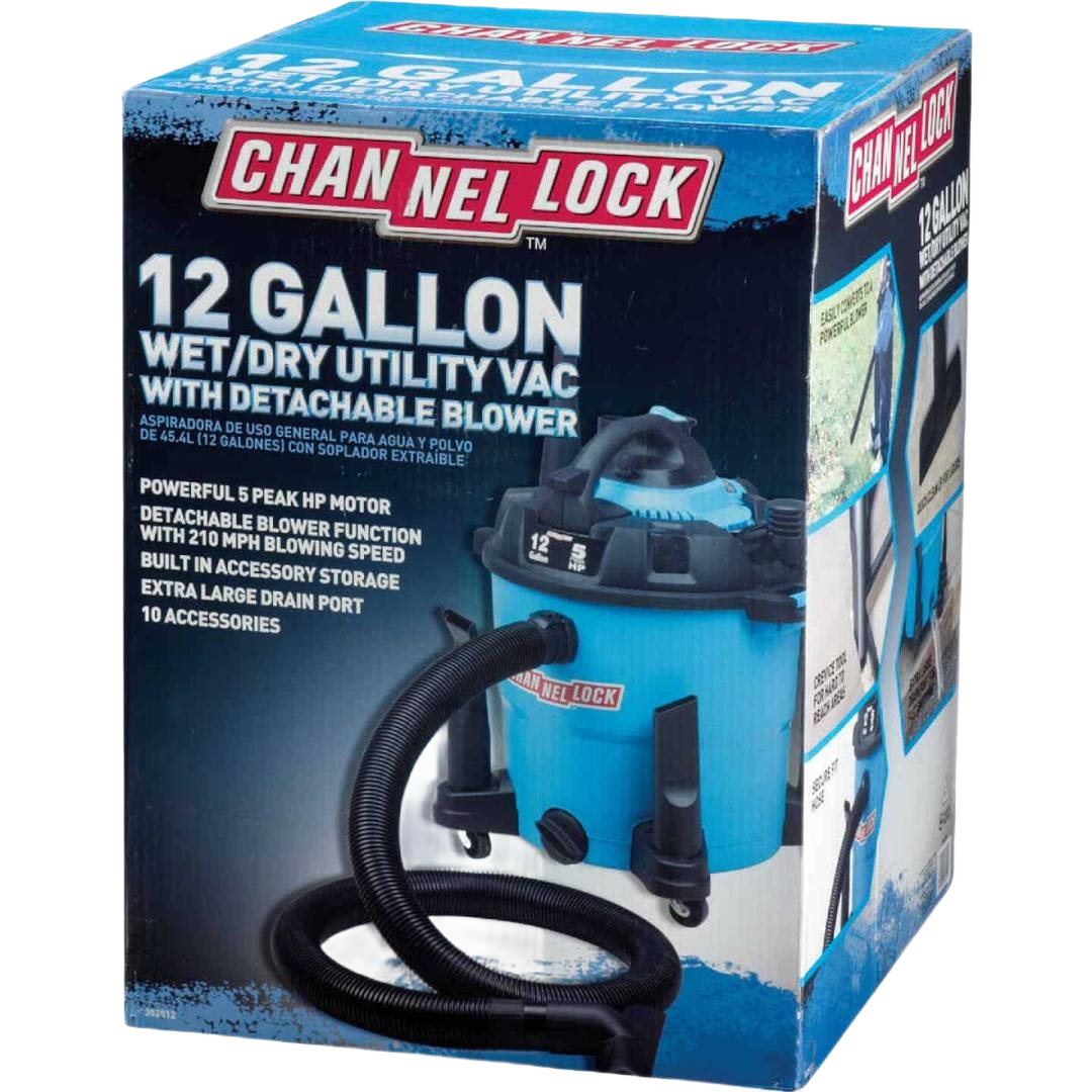 Blue 12-gallon wet and dry utility vacuum with 5 HP motor, detachable blower, hose, and wheels for home improvement use