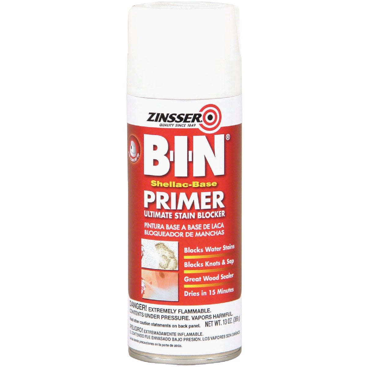 Can of shellac-based primer spray for interior paint projects, stain blocking, and surface sealing under $50.