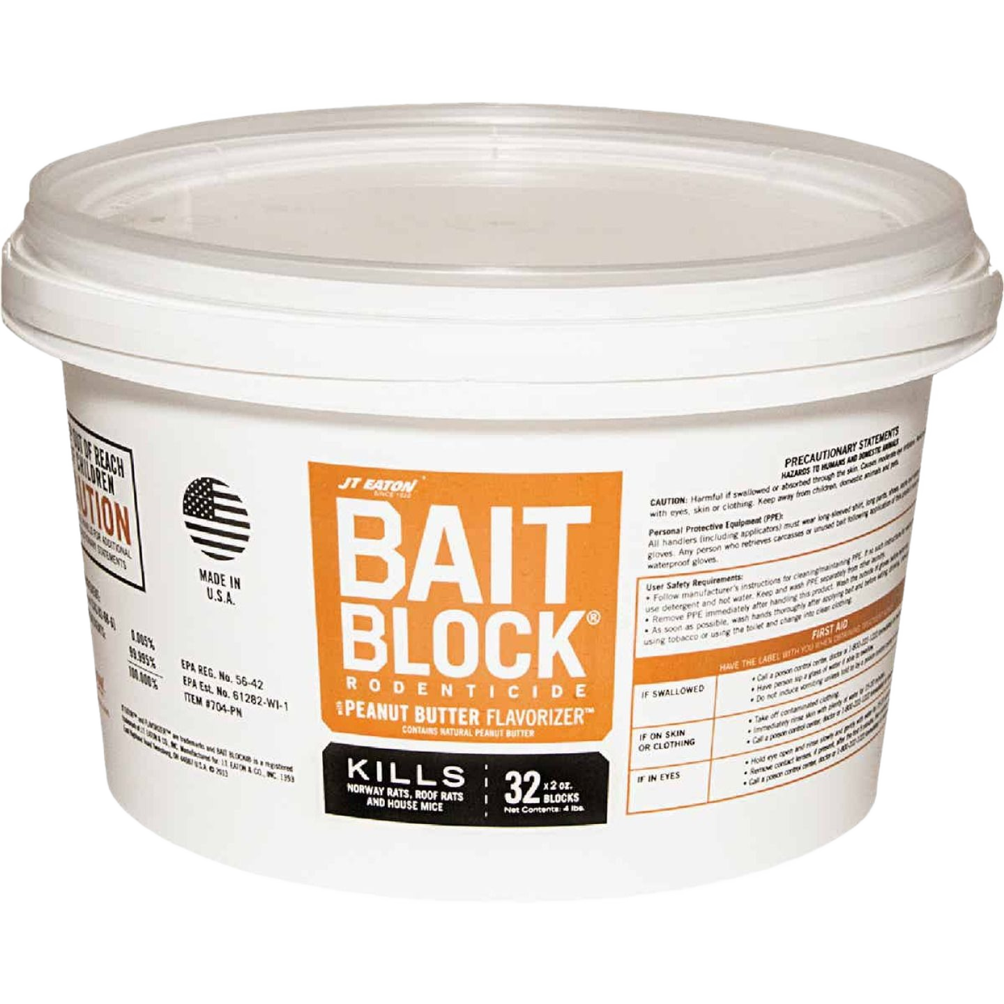 White plastic tub of peanut butter flavored bait block rodenticide for rodent control in lawn and garden use