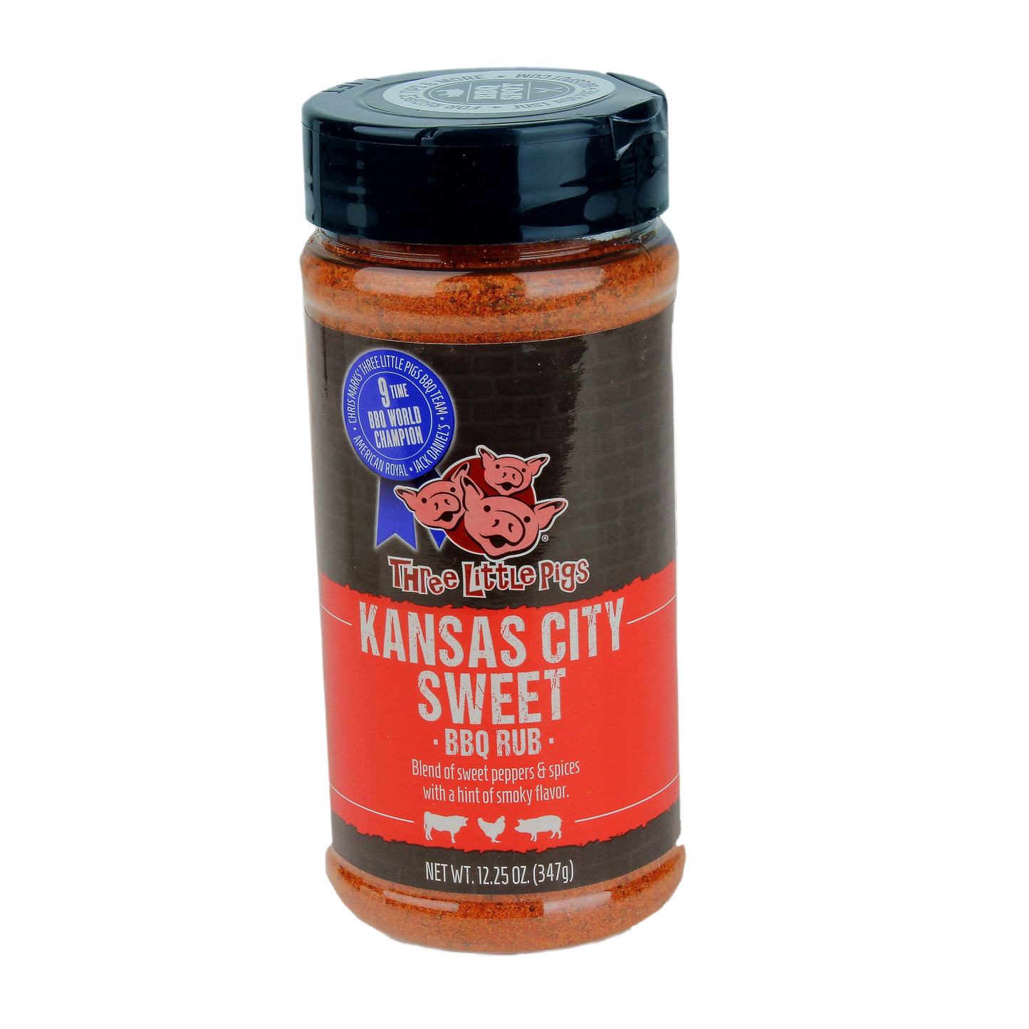 Jar of Kansas City Sweet BBQ Rub with spicy sweet pepper blend and smoky flavor for grilling and outdoor cooking collections