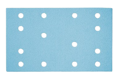 Blue rectangular abrasive sheet with multiple holes for dust extraction in home improvement and tools use