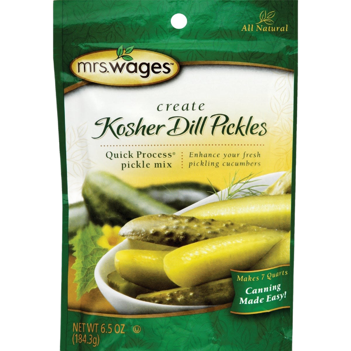 Green and white package of kosher dill pickling mix with images of pickles in a bowl and natural ingredients