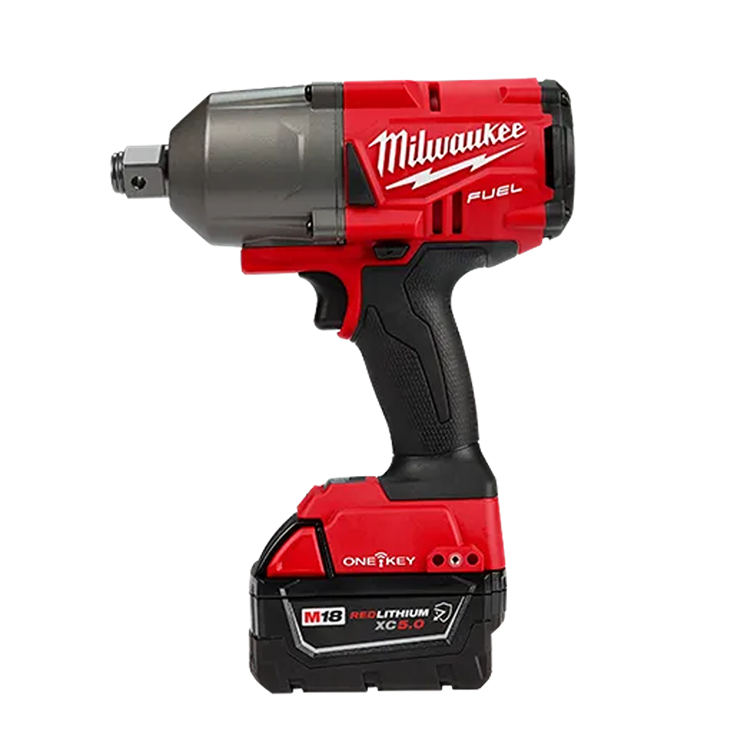 Red and black cordless high torque impact wrench with friction ring and lithium-ion battery for tools and home improvement tasks