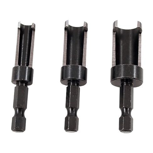 Set of three black steel plug cutters with hex shanks for woodworking in tool accessories and drill bits categories under 50 dollars