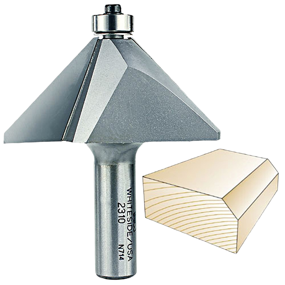 Precision chamfer router bit with 45-degree angle for woodworking in tool accessories and power tool collections