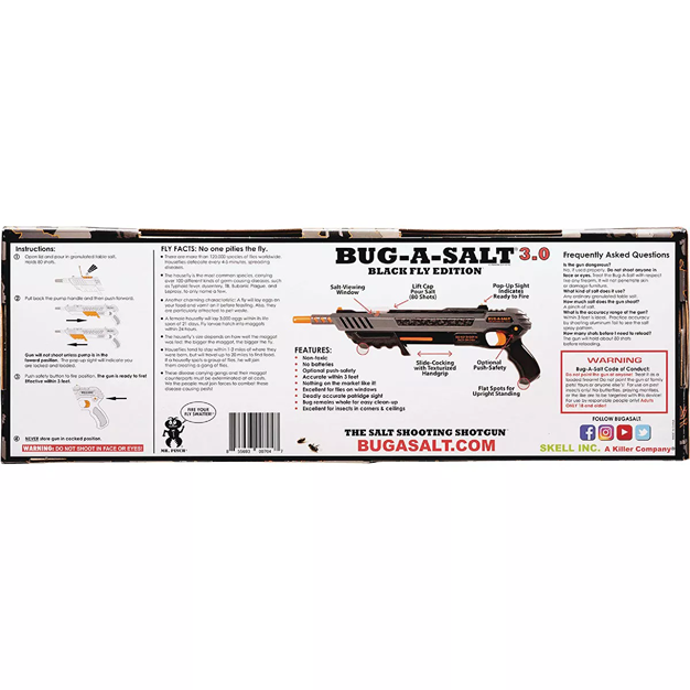 Packaging box of Bug-A-Salt 3.0 Black Bug Killer showing features, safety tips, and usage instructions for insect control under $50 collection