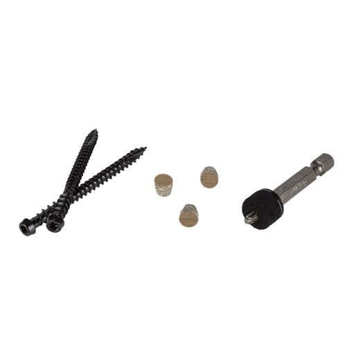 Dark oak composite screws with wooden plugs and a metal driver bit for home improvement projects