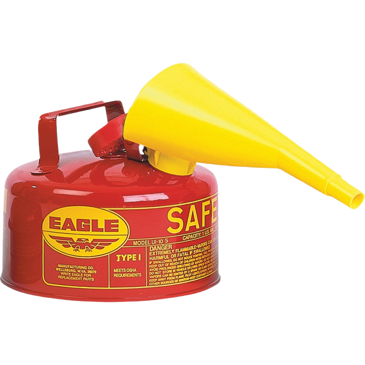 Red and yellow safety fuel can with attached spout for automotive and mechanic tool use under $100 collection