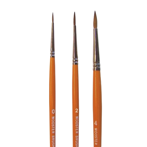 Three orange-handled pointed artist brushes with red sable bristles for precision watercolor painting and creative tools use
