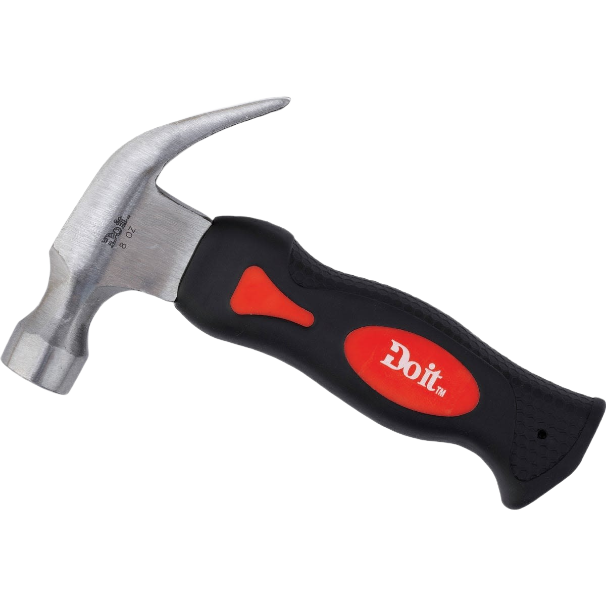 Small curved claw hammer with black and red rubber grip handle for home improvement tasks