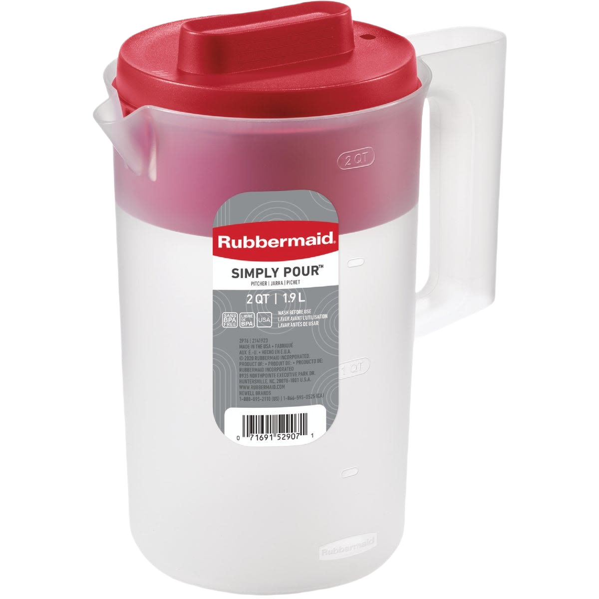 2-quart Rubbermaid pitcher with red lid featuring multiple spout settings and comfortable handle, for kitchenware use