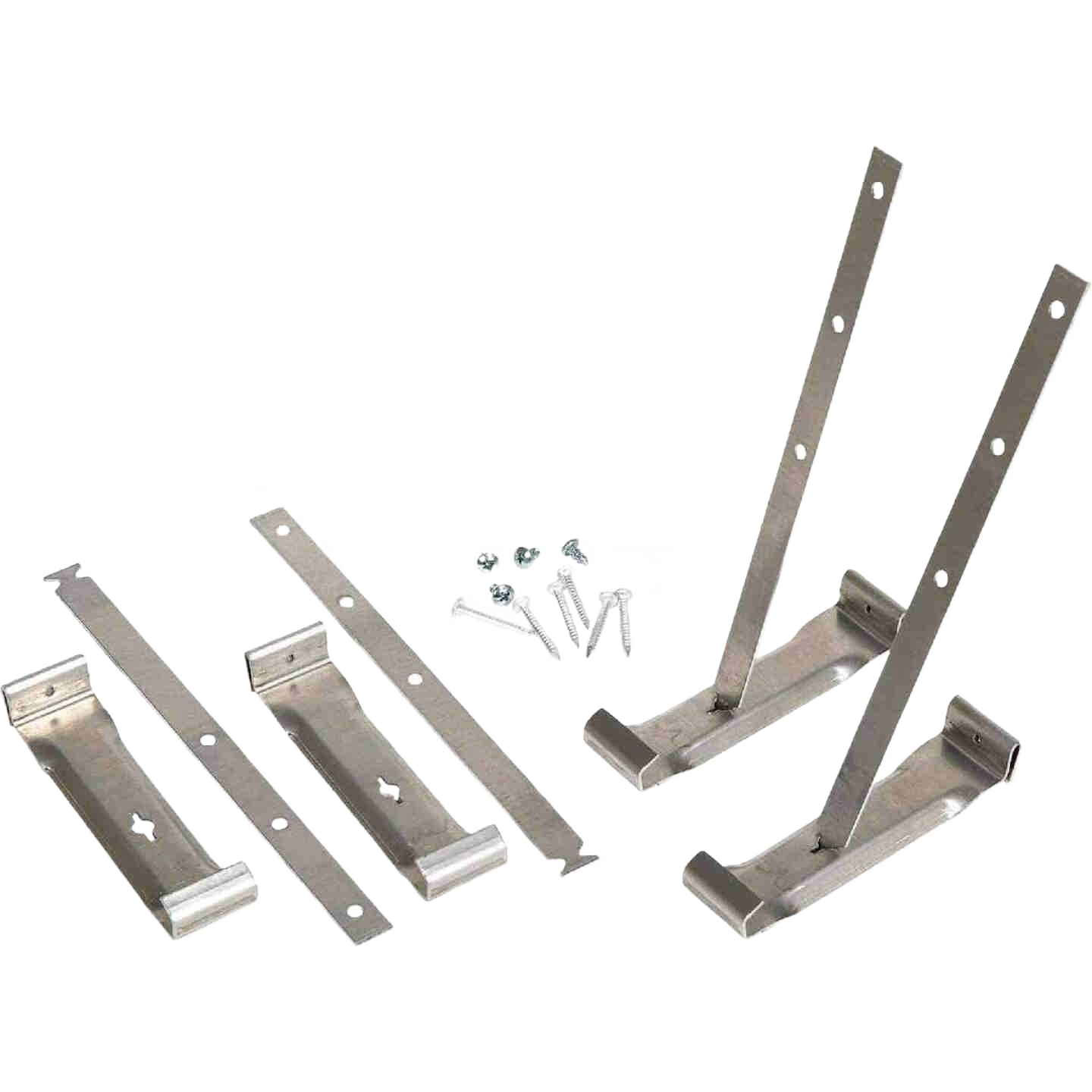 Set of metal hidden gutter hanger brackets with roof straps and mounting screws for home improvement installation tasks