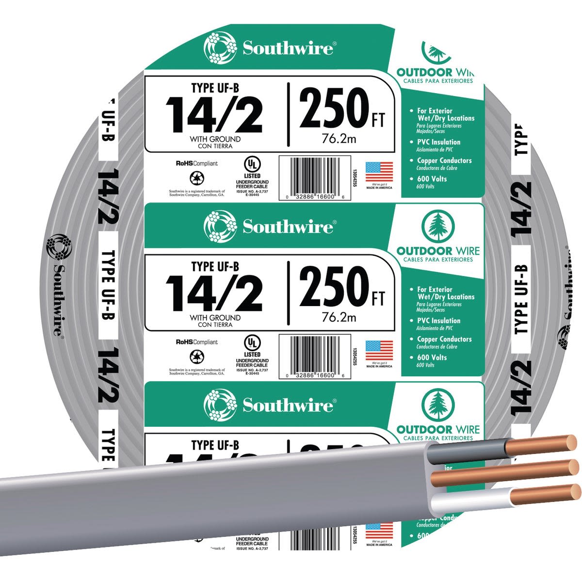Roll of gray outdoor cable with 14-gauge copper conductors and weather-resistant insulation for home improvement use