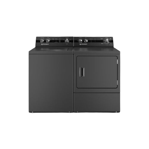 Matte black front view of a Speed Queen washer and dryer set with classic dial controls from Washers & Dryers collection