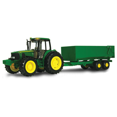 Green and yellow toy tractor with a green wagon attachment for agricultural role play and display