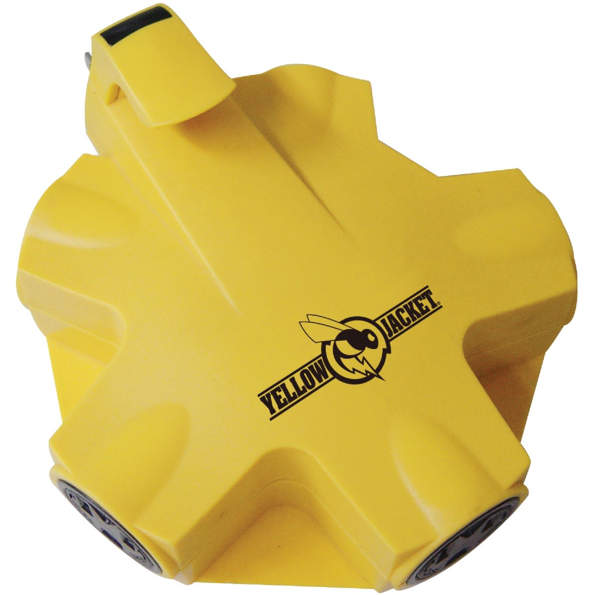 Yellow 5-outlet outdoor adapter with locking plugs for secure connections in tools and home improvement projects