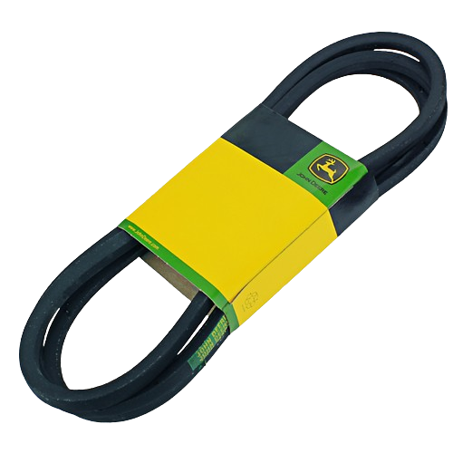 Black rubber drive belt with yellow and green label designed for tools and home improvement use