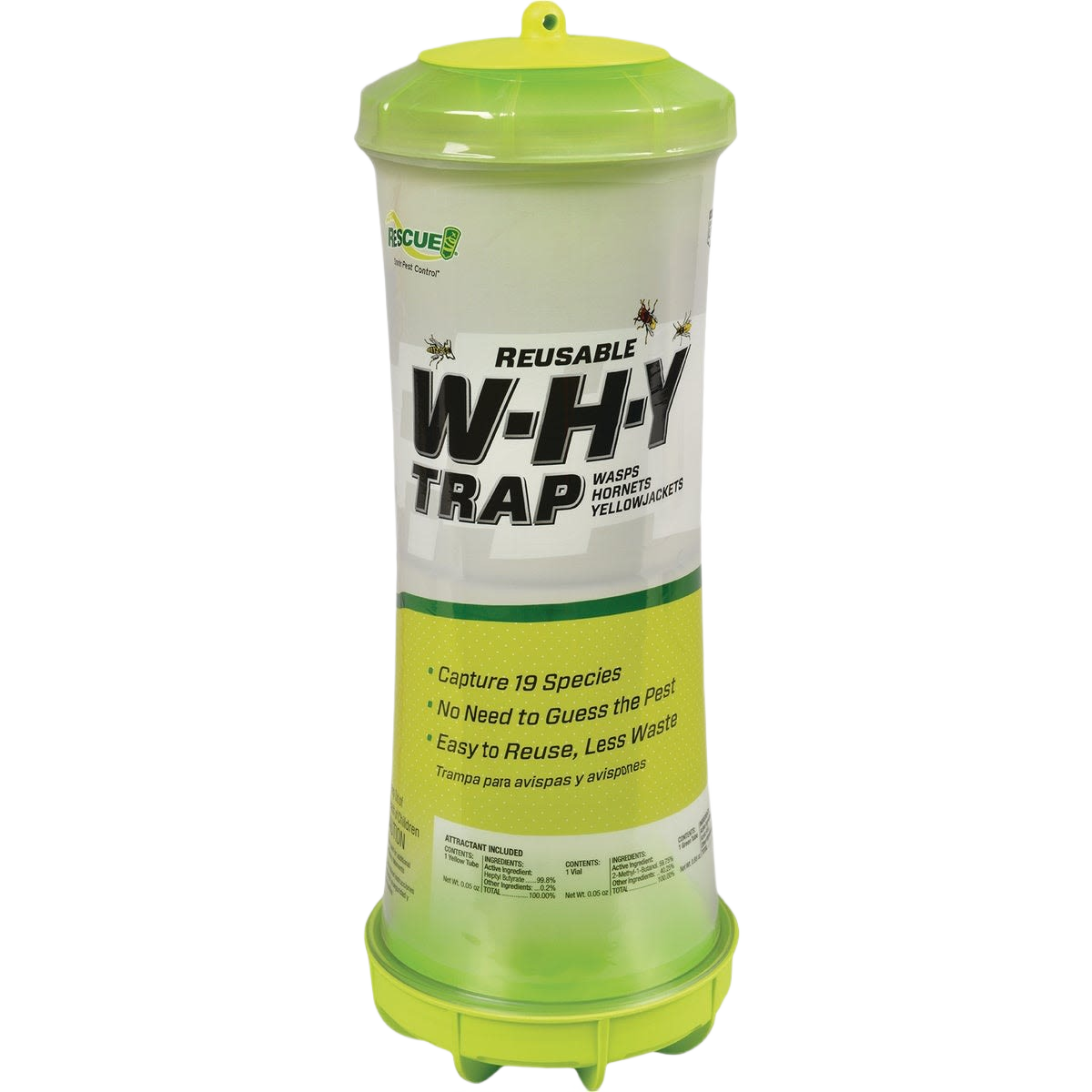 Green and clear reusable wasp, hornet, and yellow jacket trap for insect and pest control in lawn and garden settings