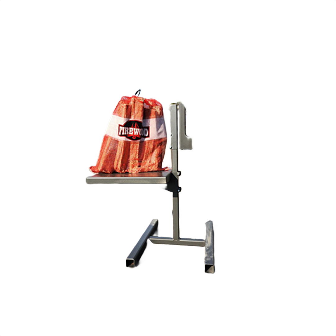 Metal firewood bagging station with orange mesh firewood bag for easy loading in home improvement tasks