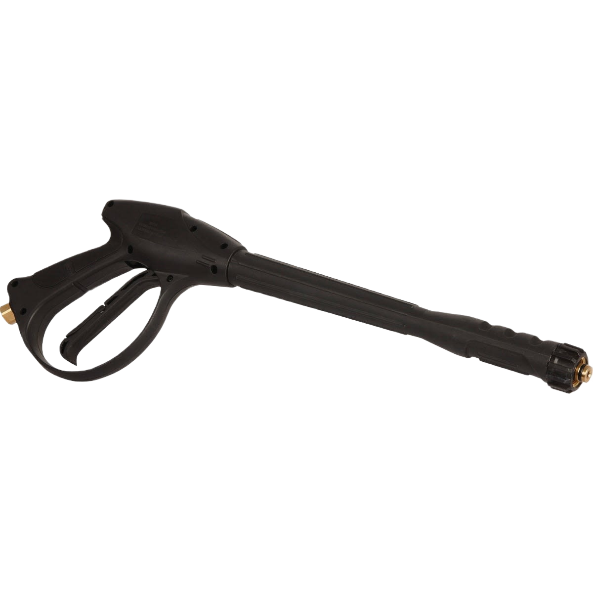 Black pressure washer trigger gun with ergonomic pistol grip and long wand for power tool accessories and home improvement.