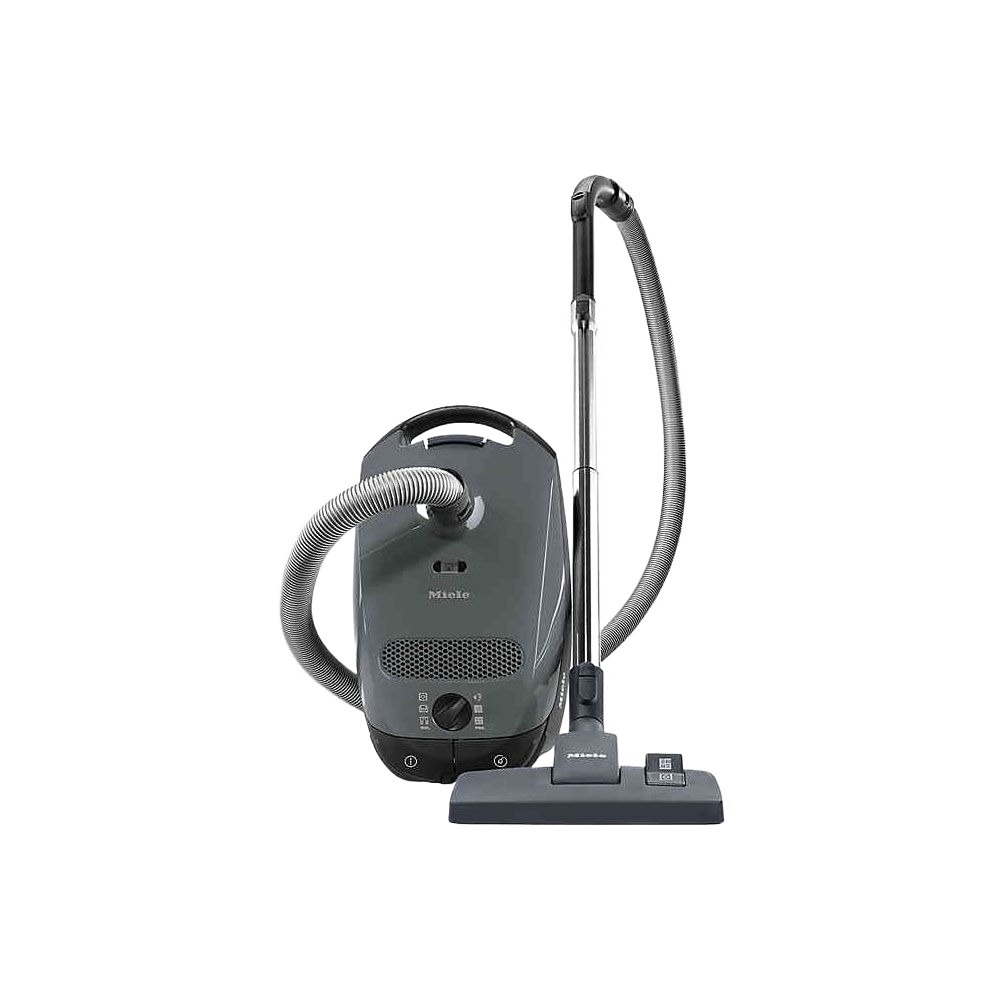 Compact gray canister vacuum with flexible hose and floor nozzle for efficient floor care and dust management tasks