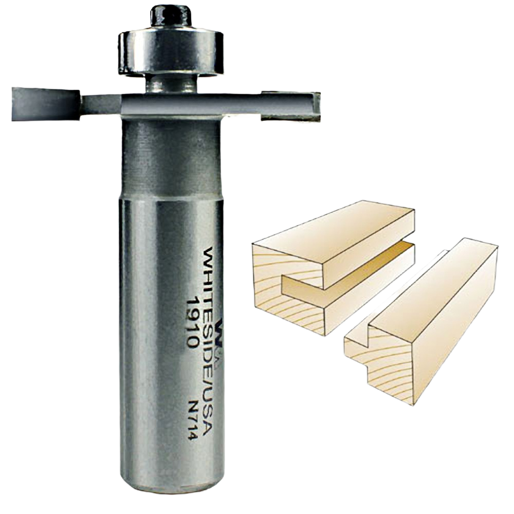 Metal slotting and rabbeting bit with bearing guide and diagram of wood joint cuts for woodworking projects
