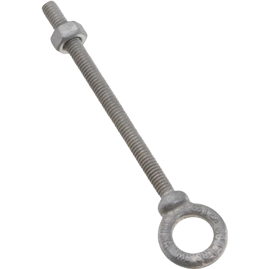 Galvanized steel eye bolt with threaded shaft and hex nuts, suitable for hardware, fasteners, and home improvement projects
